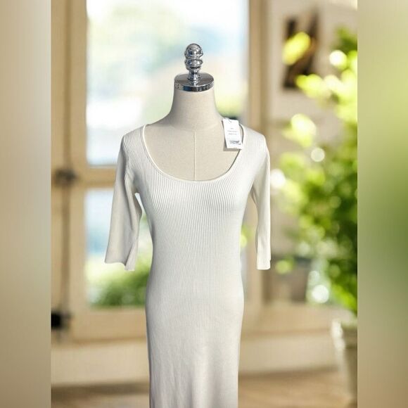 Vince | Ribbed Elbow Sleeve Scoop Neck MIDI Dress Size L - Picture 5 of 14